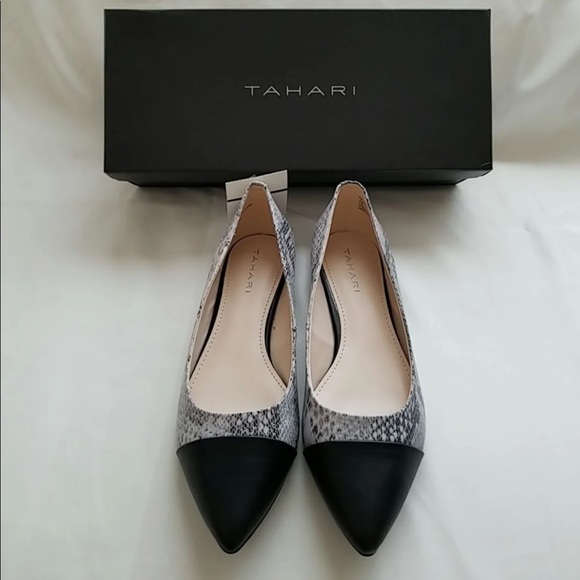 WHITE & BLACK OLIANA SNAKE-SKIN FLATS - Picture 1 of 6
